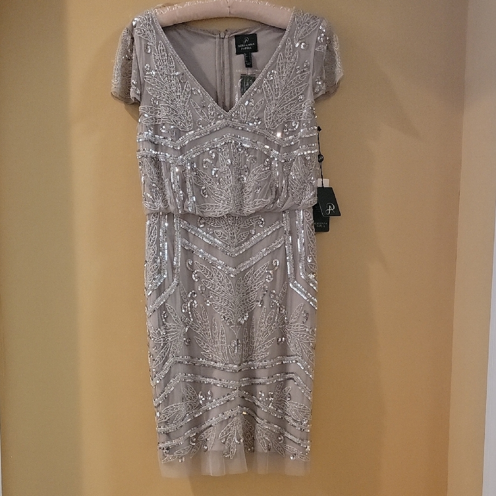Adrianna Papell Beaded Sheath Midi Dress with Flutter Cap Sleeves
